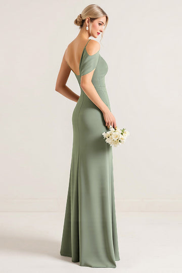 Olive One Shoulder Ruched Chiffon Sheath Long Bridesmaid Dress